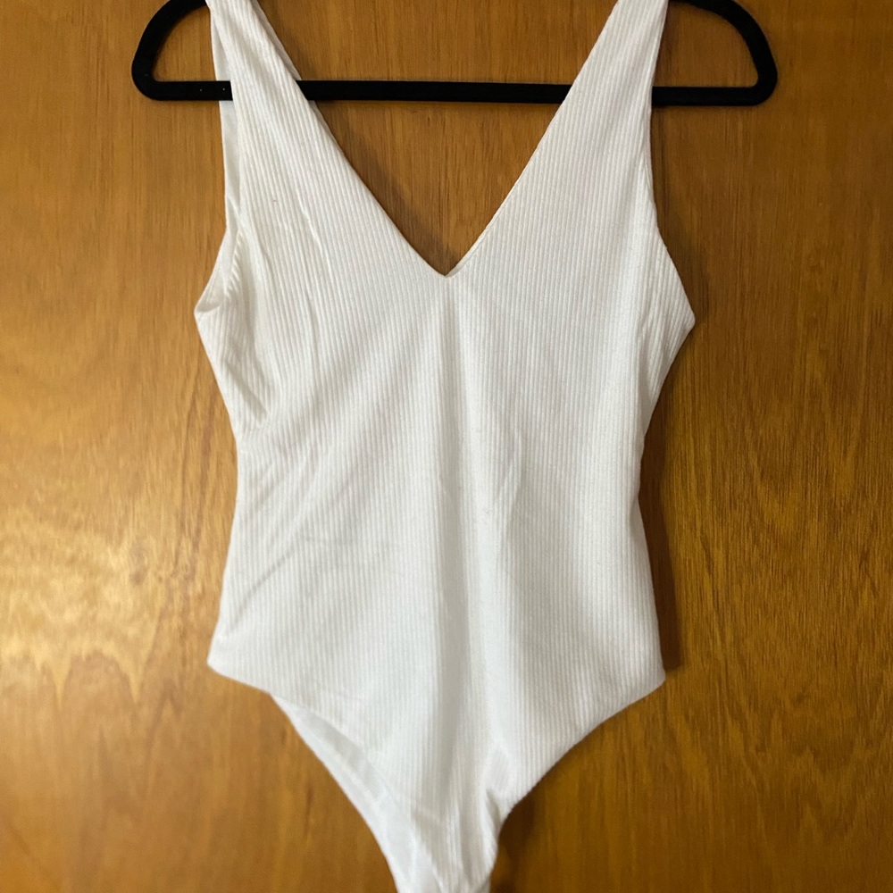 White Ribbed V-Neck Bodysuit